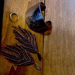 Jewelry Trio- Beaded Earrings, Gold ring, & Silver Bangle